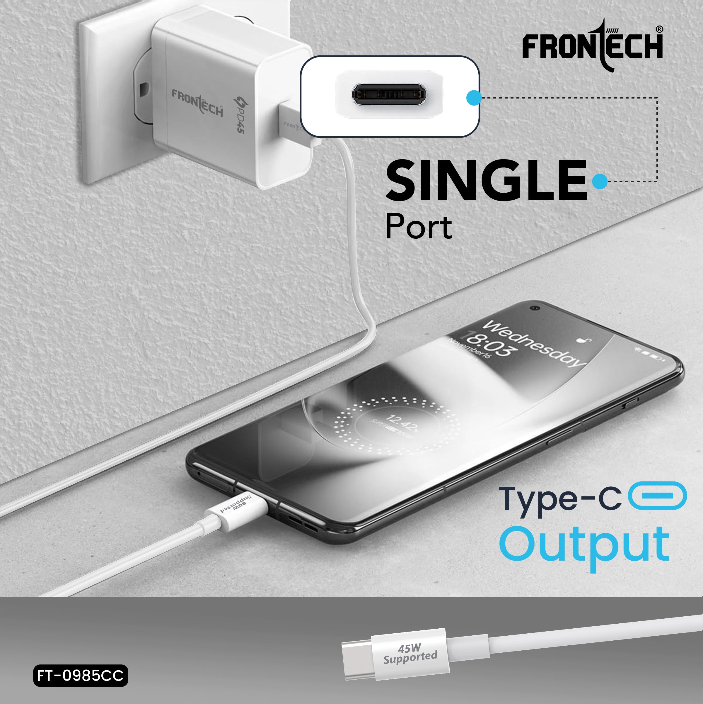 Frontech 45W PD/PPS Type-C Super-Fast Wall Charger | 1m Type-C Cable | Short Circuit Protection | Smart Chip | Compatible with Smartphones & Tablets (FT-0985CC) Frontech 45W PD/PPS Type-C Super-Fast Wall Charger | 1m Type-C Cable | Short Circuit Protection | Smart Chip | Compatible with Smartphones & Tablets (FT-0985CC)